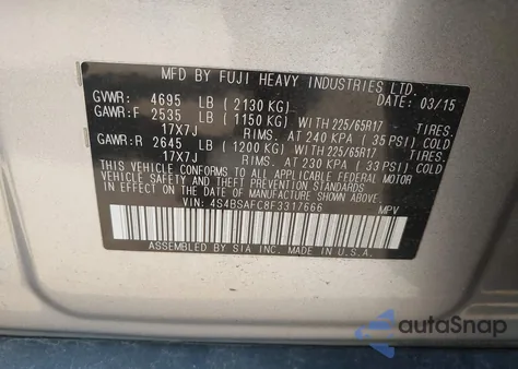 2015 Subaru Outback 2.5I Premium из США, поврежденный, VIN 4S4BSAFC8F3317666